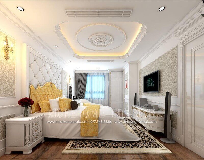 Giường ngủ chung cư bọc nỉ đầu giường sang trọng, tạo điểm nhấn cho cả không gian phòng ngủ
