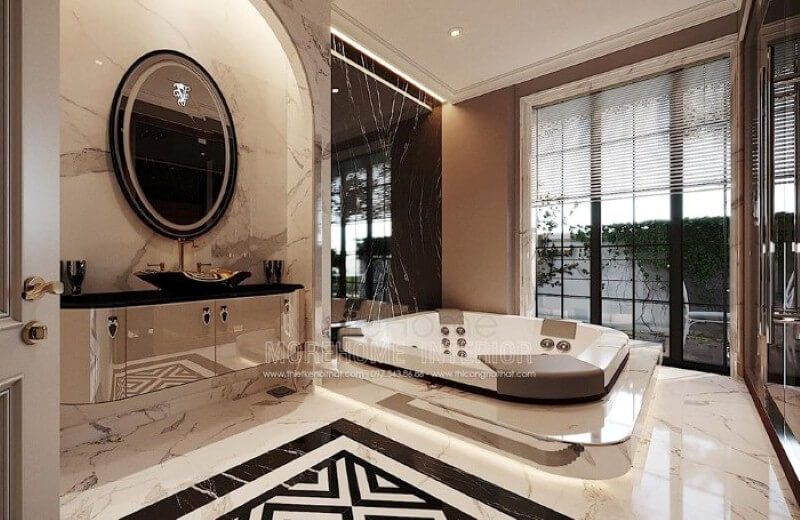 Bố trí nội thất phòng tắm đẹp sang trọng với đồ nội thất cao cấp.