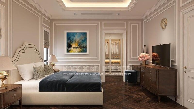 Bố trí nội thất phòng ngủ tân cổ điển có tủ quần áo khoa học, phong thủy.